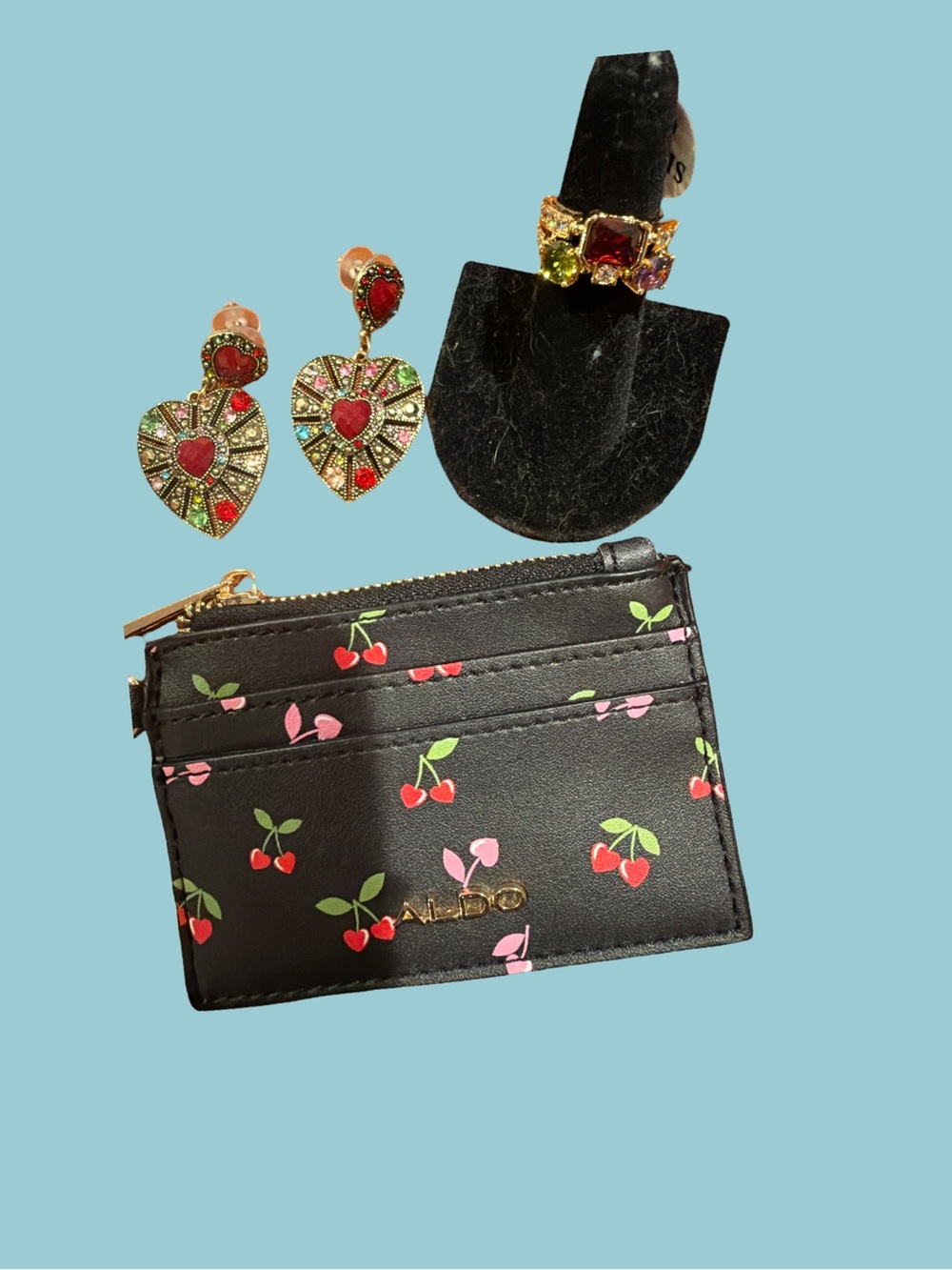 Aldo Black Cherry Cardholder with Gold-Tone Heart Earrings and Multicolor Ring
